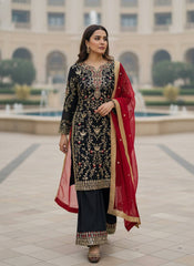 Black Georgette Embroidered Kurti Palazzo Set with Pearl Work & Dupatta | Designer Party Wear Ethnic Suit for Women