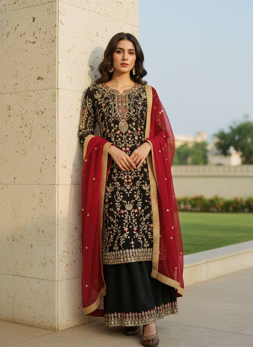 Black Georgette Embroidered Kurti Palazzo Set with Pearl Work & Dupatta | Designer Party Wear Ethnic Suit for Women
