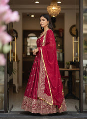 Cherry Red Chinon Silk Embroidered Gown Set with Pant & Soft Georgette Dupatta | Designer Party Wear Ethnic Suit for Women