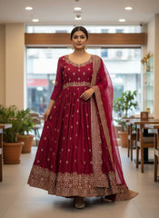Cherry Red Chinon Silk Embroidered Gown Set with Pant & Soft Georgette Dupatta | Designer Party Wear Ethnic Suit for Women