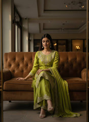 Olive Green Chinon Silk Embroidered Kurti Palazzo Set with Dupatta | Designer Pearl Work Ethnic Suit for Women