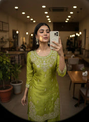 Olive Green Chinon Silk Embroidered Kurti Palazzo Set with Dupatta | Designer Pearl Work Ethnic Suit for Women