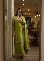 Olive Green Chinon Silk Embroidered Kurti Palazzo Set with Dupatta | Designer Pearl Work Ethnic Suit for Women