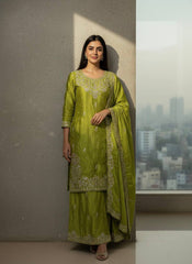 Olive Green Chinon Silk Embroidered Kurti Palazzo Set with Dupatta | Designer Pearl Work Ethnic Suit for Women