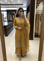 Mustard Yellow GMY Silk Kurti Palazzo Set with Embroidered Dupatta | Pure Tissue Silk Designer Ethnic Suit for Women