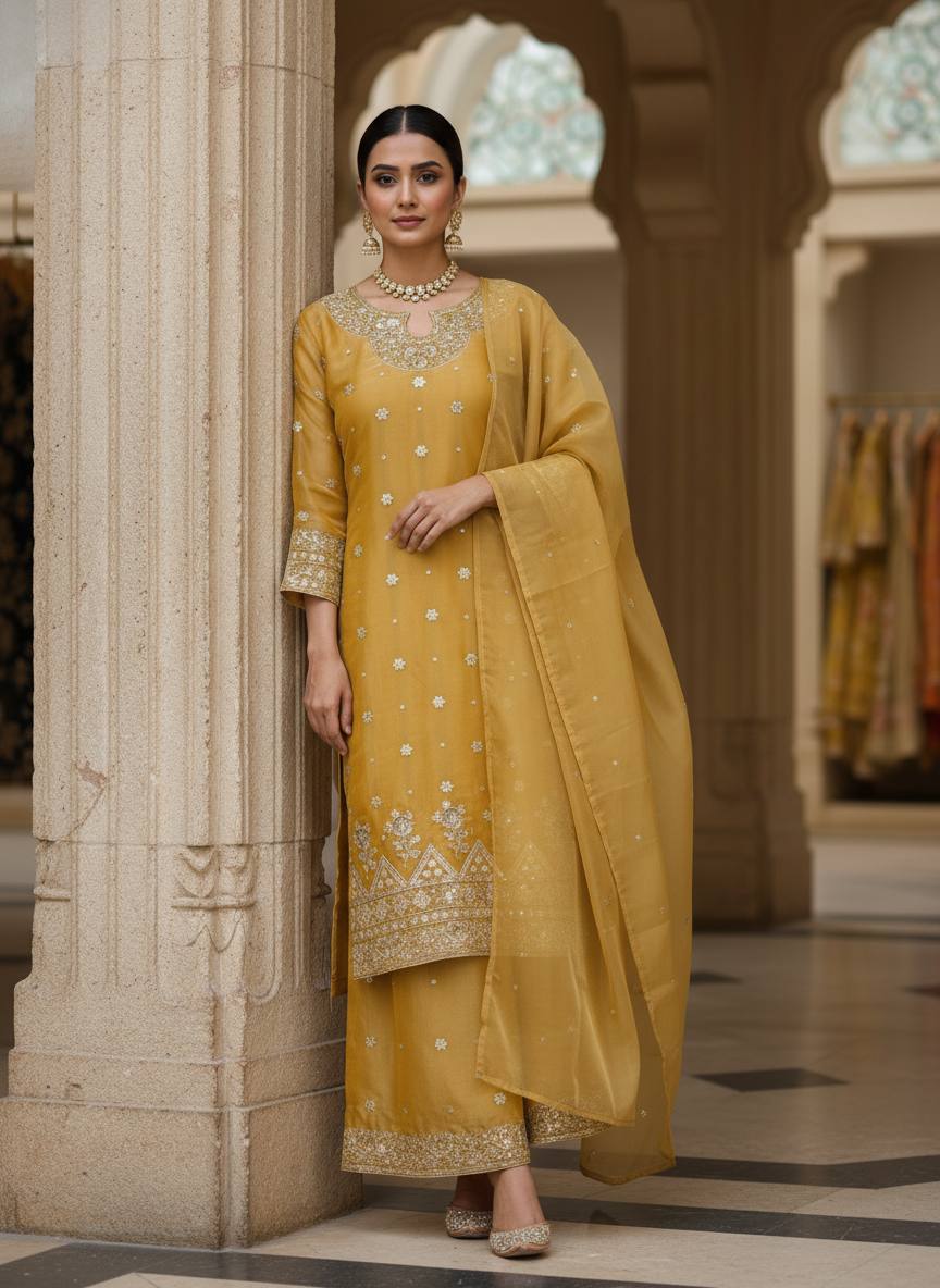 Mustard Yellow GMY Silk Kurti Palazzo Set with Embroidered Dupatta | Pure Tissue Silk Designer Ethnic Suit for Women