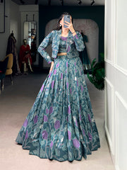 Teal Green & Purple Printed Tasar Silk Lehenga Choli with Designer Jacket | Premium Festive Ethnic Lehenga Set for Women