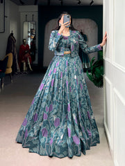 Teal Green & Purple Printed Tasar Silk Lehenga Choli with Designer Jacket | Premium Festive Ethnic Lehenga Set for Women