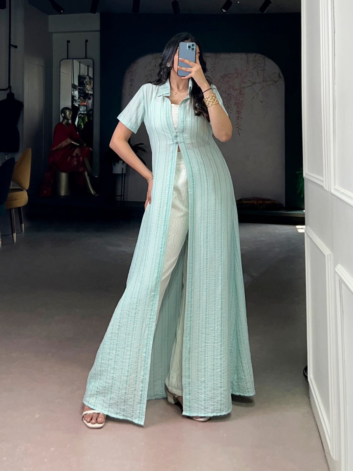 Mint Green Indo-Fusion Co-Ord Set with Long Overlay Shrug | Premium Orchid & N.V Texmar Designer Fusion Wear for Women