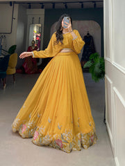 Mustard Yellow Georgette Embroidered Lehenga Co-Ord Set | Sequins & Thread Work Designer Festive Lehenga for Women