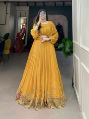 Mustard Yellow Georgette Embroidered Lehenga Co-Ord Set | Sequins & Thread Work Designer Festive Lehenga for Women