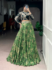 Wine & Emerald Printed Tasar Silk Lehenga with Embroidered Naysha Silk Blouse | Designer Party Wear Lehenga for Women