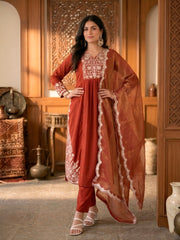 Rust Embroidered Maska Cotton Suit Set with Gold Coin Dupatta | Designer Festive Wear Salwar Suit for Women