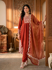 Rust Embroidered Maska Cotton Suit Set with Gold Coin Dupatta | Designer Festive Wear Salwar Suit for Women