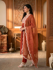Rust Embroidered Maska Cotton Suit Set with Gold Coin Dupatta | Designer Festive Wear Salwar Suit for Women