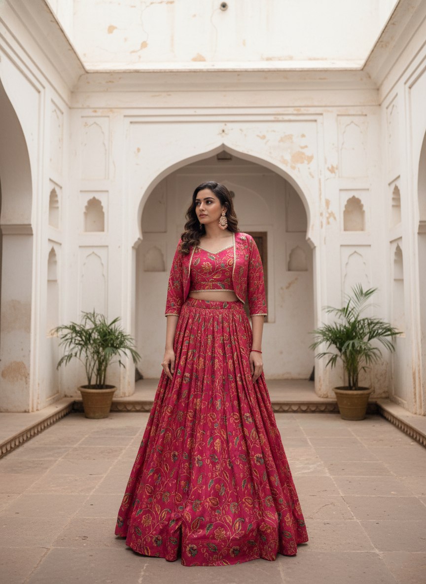 Pink Floral Printed Tasar Silk Lehenga with Designer Koti & Stitched Blouse | Elegant Festive & Wedding Wear Lehenga for Women