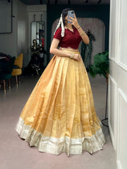Traditional Onam Kanchipuram Silk Pavada Set with Natural Satin Silk Blouse | Kerala Festive Lehenga for Women