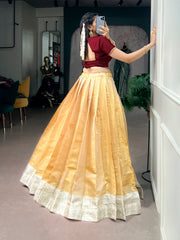 Traditional Onam Kanchipuram Silk Pavada Set with Natural Satin Silk Blouse | Kerala Festive Lehenga for Women