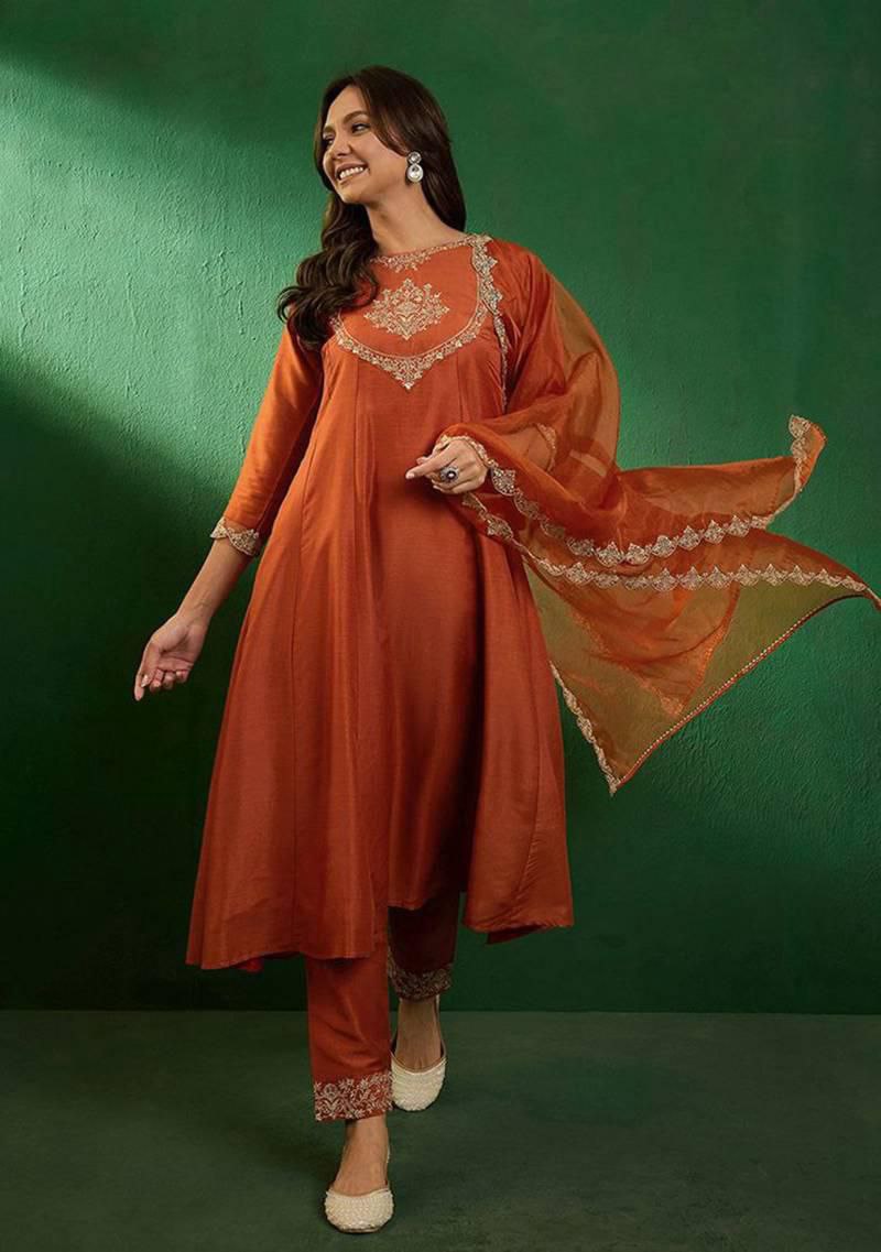 Rust Embroidered Vichitra Silk Kurta Pant Set with Embroidered Dupatta | Designer Festive Ethnic Wear for Women