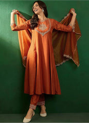 Rust Embroidered Vichitra Silk Kurta Pant Set with Embroidered Dupatta | Designer Festive Ethnic Wear for Women