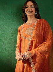 Rust Embroidered Vichitra Silk Kurta Pant Set with Embroidered Dupatta | Designer Festive Ethnic Wear for Women