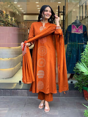 Premium Rayon Slub Embroidered Suit Set with Chanderi Silk Dupatta | Designer Ethnic Wear for Women