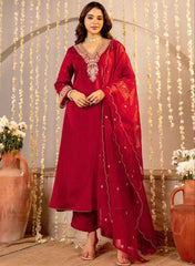 Premium Roman Silk Embroidered Suit Set with Organza Dupatta | Designer Ethnic Wear for Women