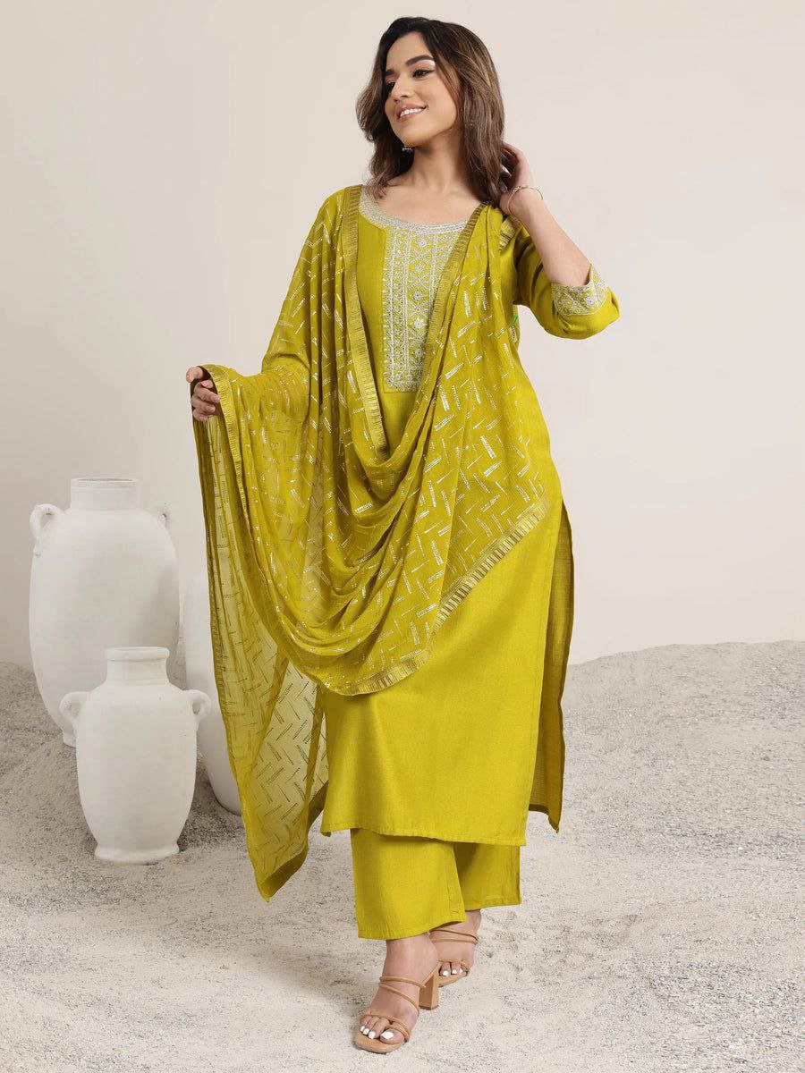 Lime Green Rayon Slub Embroidered Suit Set with Amrai Silk Dupatta | Designer Ethnic Wear for Women