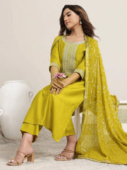 Lime Green Rayon Slub Embroidered Suit Set with Amrai Silk Dupatta | Designer Ethnic Wear for Women