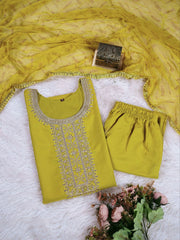 Lime Green Rayon Slub Embroidered Suit Set with Amrai Silk Dupatta | Designer Ethnic Wear for Women
