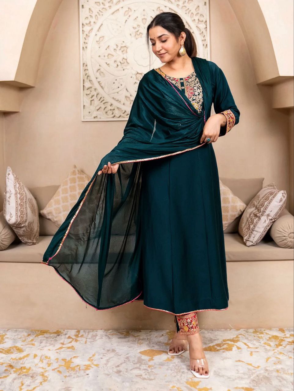 Premium Teal Blue Embroidered Vichhitra Silk Suit Set with Matching Dupatta | Designer Ethnic Wear for Women