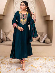 Premium Teal Blue Embroidered Vichhitra Silk Suit Set with Matching Dupatta | Designer Ethnic Wear for Women