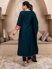 Premium Teal Blue Embroidered Vichhitra Silk Suit Set with Matching Dupatta | Designer Ethnic Wear for Women