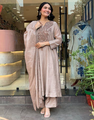 Premium Beige Roman Silk Embroidered Suit Set with Chanderi Silk Dupatta | Designer Ethnic Wear for Women