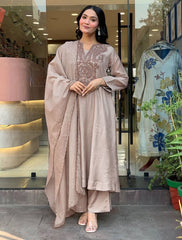 Premium Beige Roman Silk Embroidered Suit Set with Chanderi Silk Dupatta | Designer Ethnic Wear for Women