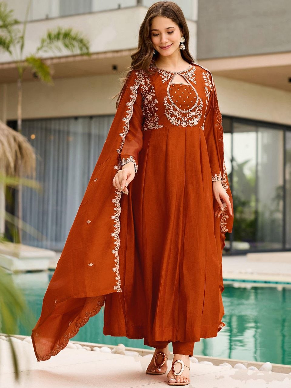 Premium Rust Brown Embroidered Vichhitra Silk Suit Set with Embroidered Vichhitra Silk Dupatta | Designer Ethnic Wear for Women
