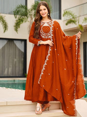 Premium Rust Brown Embroidered Vichhitra Silk Suit Set with Embroidered Vichhitra Silk Dupatta | Designer Ethnic Wear for Women