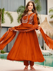 Premium Rust Brown Embroidered Vichhitra Silk Suit Set with Embroidered Vichhitra Silk Dupatta | Designer Ethnic Wear for Women