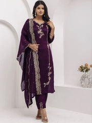 Premium Wine Purple Embroidered Vichhitra Silk Suit Set with Embroidered Vichhitra Silk Dupatta | Designer Ethnic Wear for Women