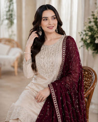 Ivory Roman Silk Embroidered Suit Set with Embroidered Vichhitra Silk Dupatta | Designer Ethnic Wear for Women