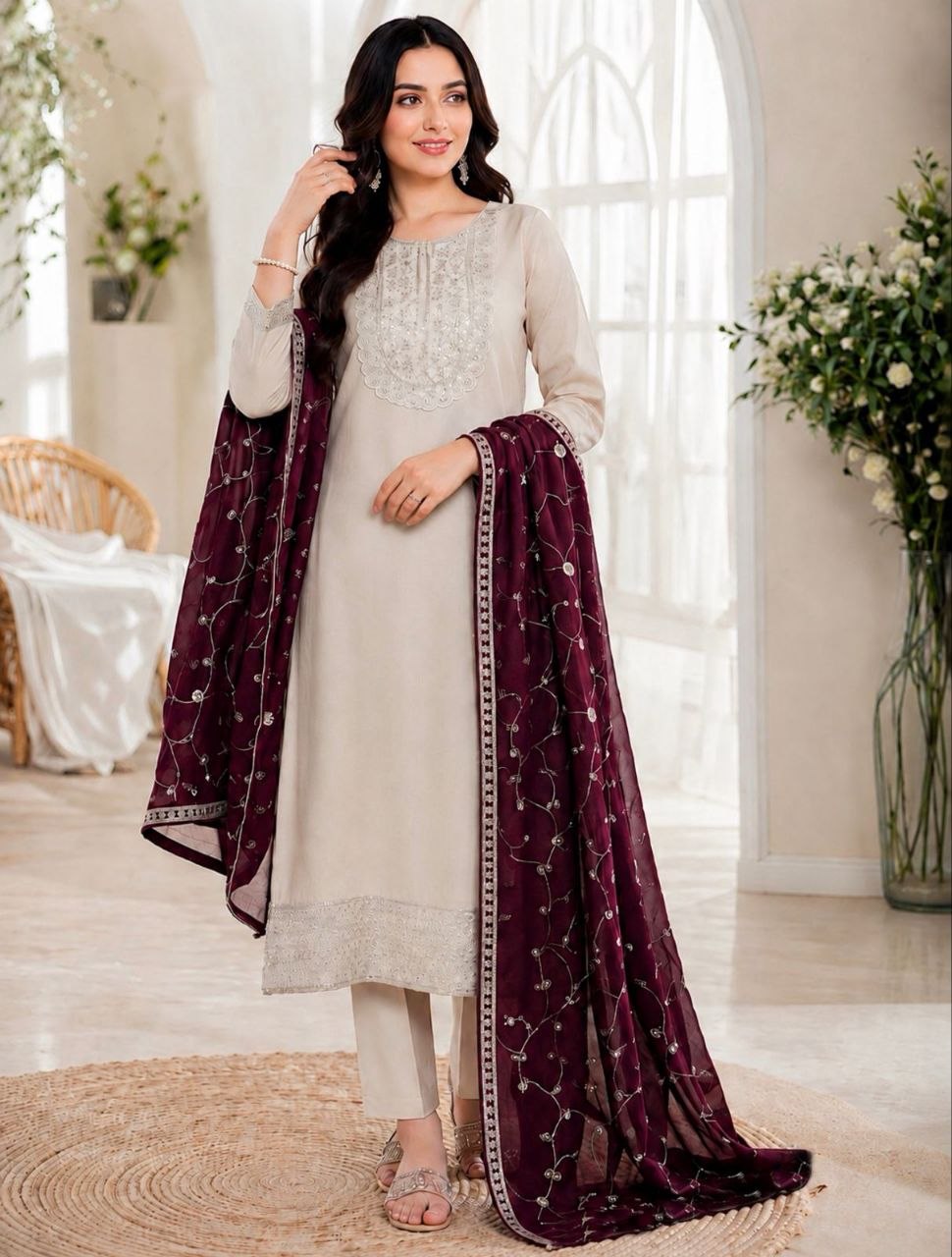 Ivory Roman Silk Embroidered Suit Set with Embroidered Vichhitra Silk Dupatta | Designer Ethnic Wear for Women