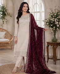 Ivory Roman Silk Embroidered Suit Set with Embroidered Vichhitra Silk Dupatta | Designer Ethnic Wear for Women