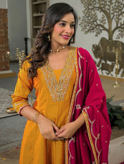 Mustard Yellow Embroidered Vichhitra Silk Suit Set with Embroidered Vichhitra Silk Dupatta | Designer Ethnic Wear for Women