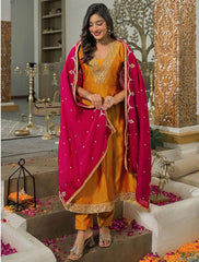 Mustard Yellow Embroidered Vichhitra Silk Suit Set with Embroidered Vichhitra Silk Dupatta | Designer Ethnic Wear for Women