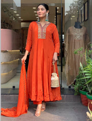 Orange Vichhitra Silk Embroidered Anarkali Suit Set with Embroidered Vichhitra Silk Dupatta | Designer Ethnic Wear for Women