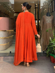 Orange Vichhitra Silk Embroidered Anarkali Suit Set with Embroidered Vichhitra Silk Dupatta | Designer Ethnic Wear for Women