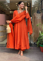 Orange Vichhitra Silk Embroidered Anarkali Suit Set with Embroidered Vichhitra Silk Dupatta | Designer Ethnic Wear for Women