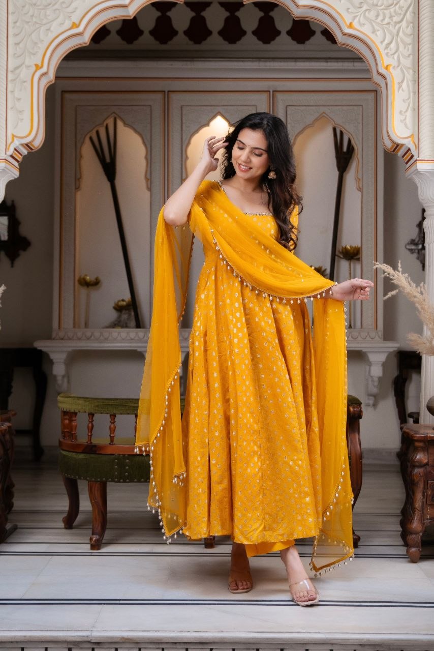 Mustard Yellow Dola Silk Jacquard Butti Embroidered Anarkali Suit Set with Organza Silk Dupatta | Designer Ethnic Wear for Women