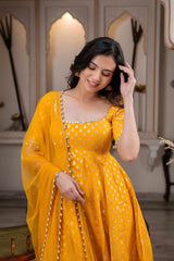 Mustard Yellow Dola Silk Jacquard Butti Embroidered Anarkali Suit Set with Organza Silk Dupatta | Designer Ethnic Wear for Women