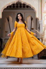 Mustard Yellow Dola Silk Jacquard Butti Embroidered Anarkali Suit Set with Organza Silk Dupatta | Designer Ethnic Wear for Women